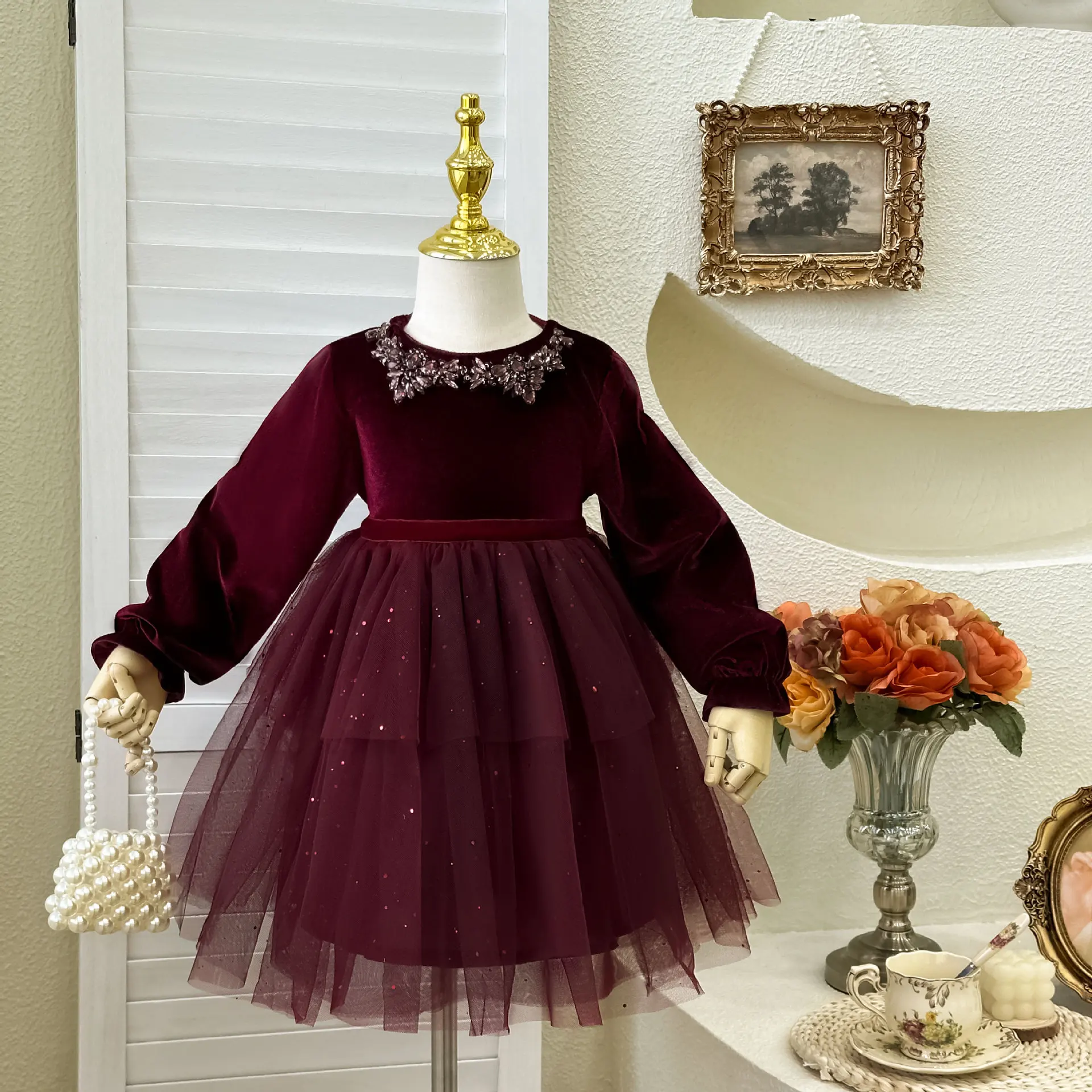 Girls Velvet Dress Autumn Winter Long Sleeve Shinny Little Girl Birthday Dress Elegant Puffy Kids Girls Princess Dress