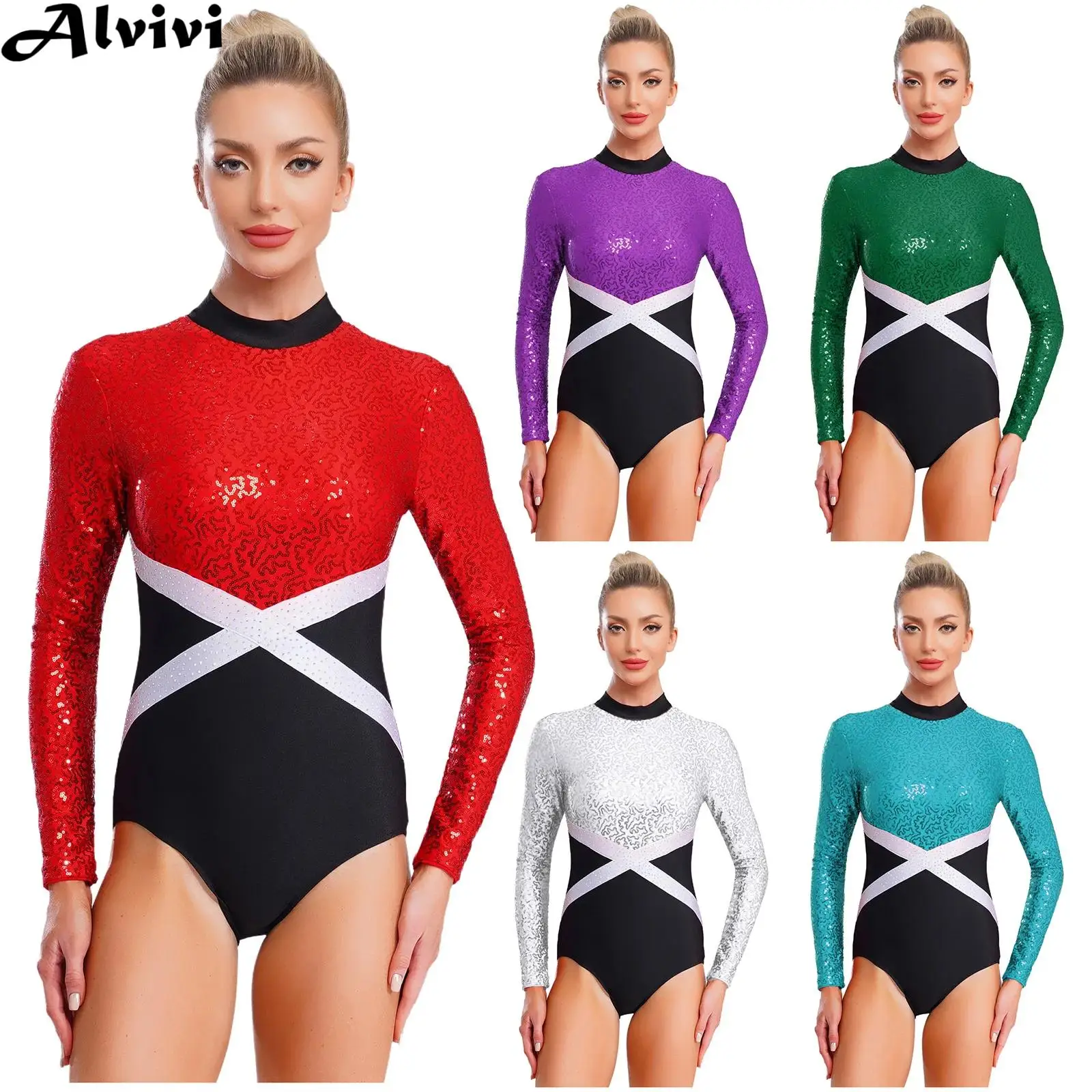 Women Long Sleeve Shiny Sequin Rhinestone Rhythmic Gymnastics Leotard Figure Skating Ballet Dance Acrobatics Bodysuit Dancewear