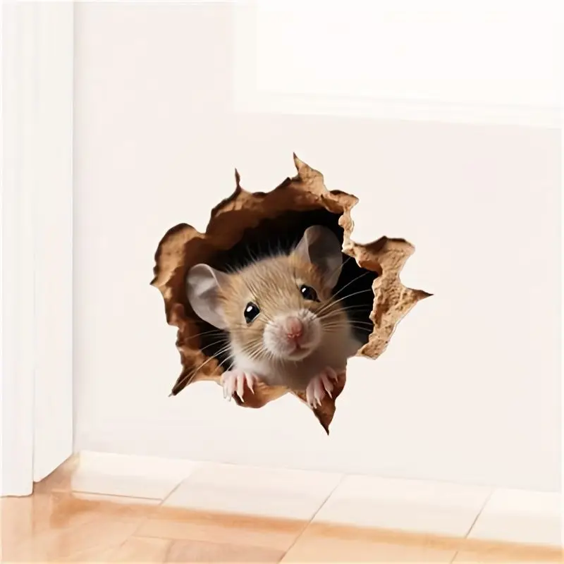 VIKAMA Real Probe Mouse Wall Breaking Sticker, Self-Adhesive Creative 3D Sticker for Living Room Entrance Room Decor