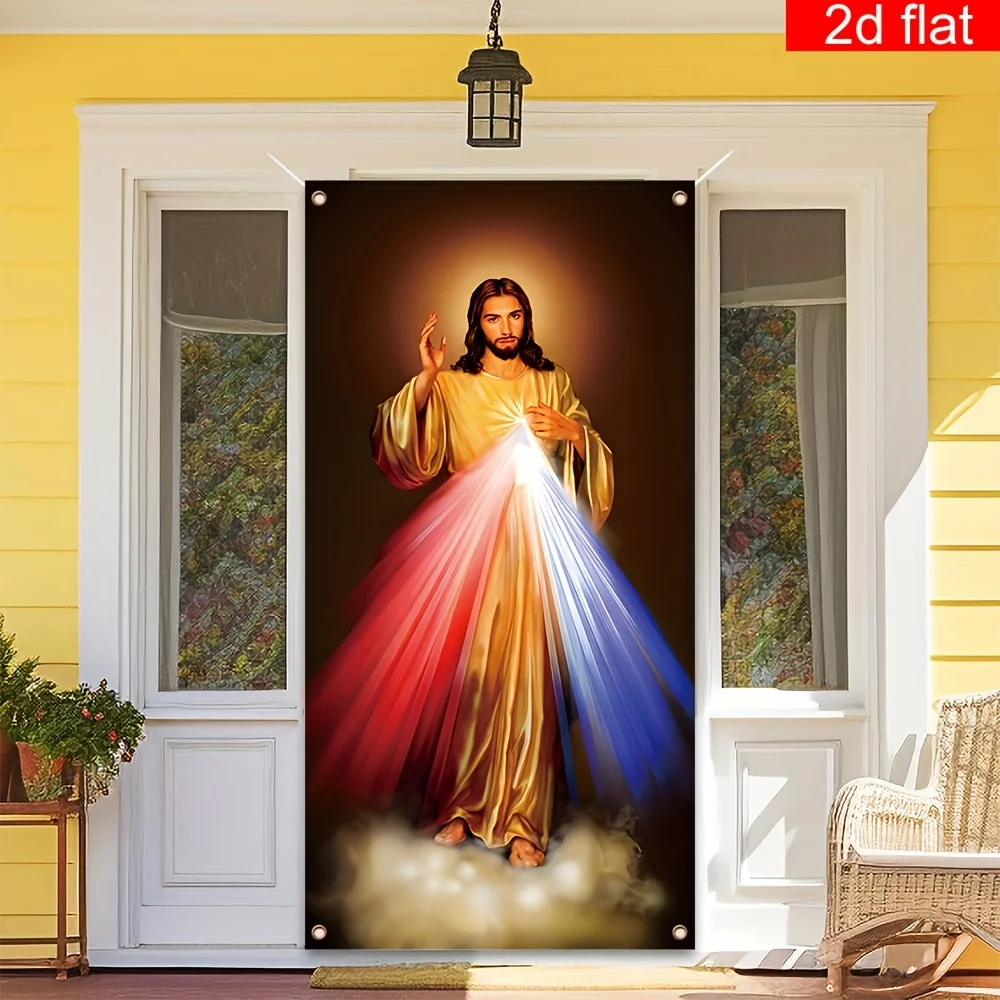 Flat Curtain 1pc Jesus Divine Mercy Front Porch Door Banner Polyester New Year Christmas Party Backdrop for Door Photo Decor
