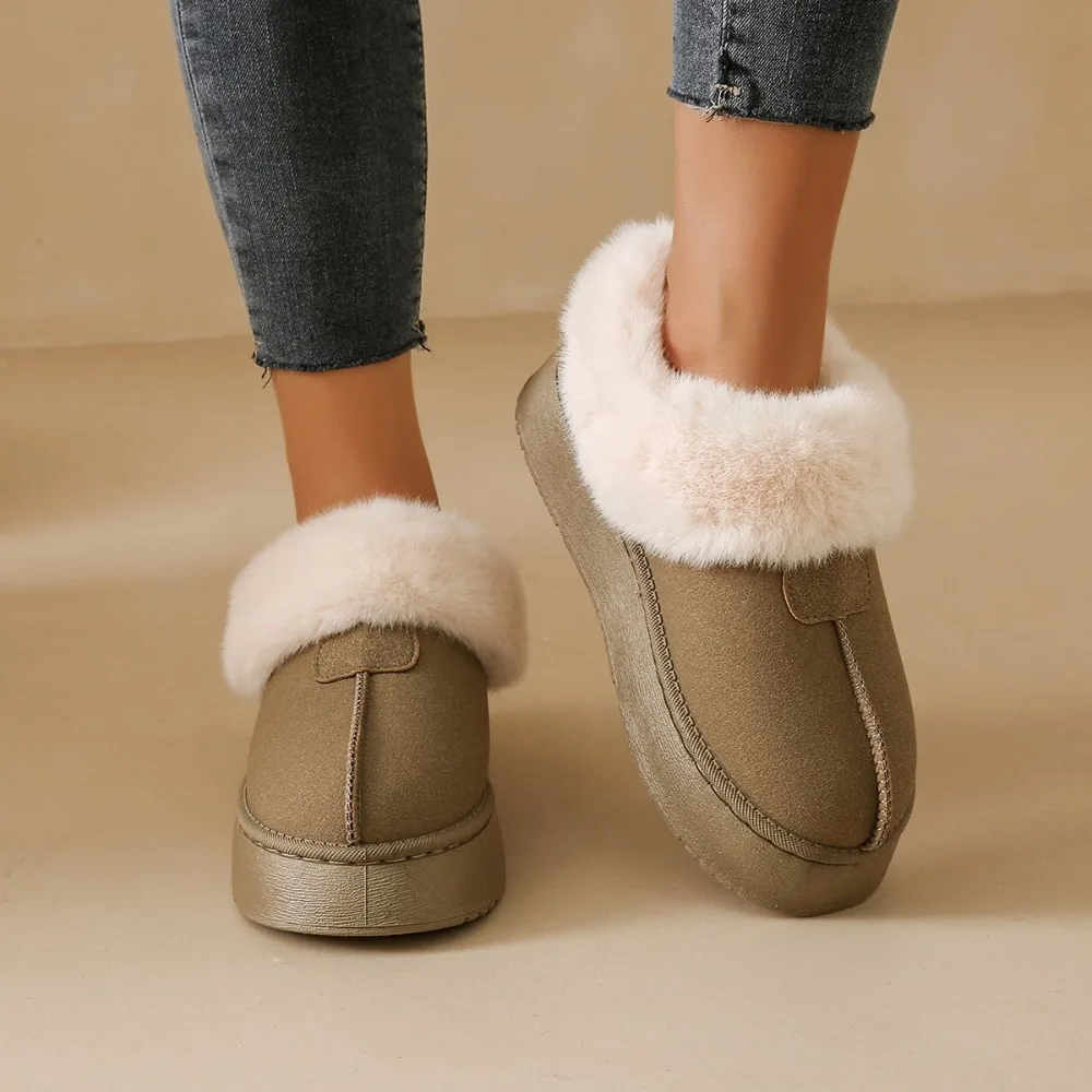 Snow Boots Women Thermal Plush Lined Furry Versatile Suede Low Cut Ankle Boots Round Toe Preppy Warm School Winter Boots