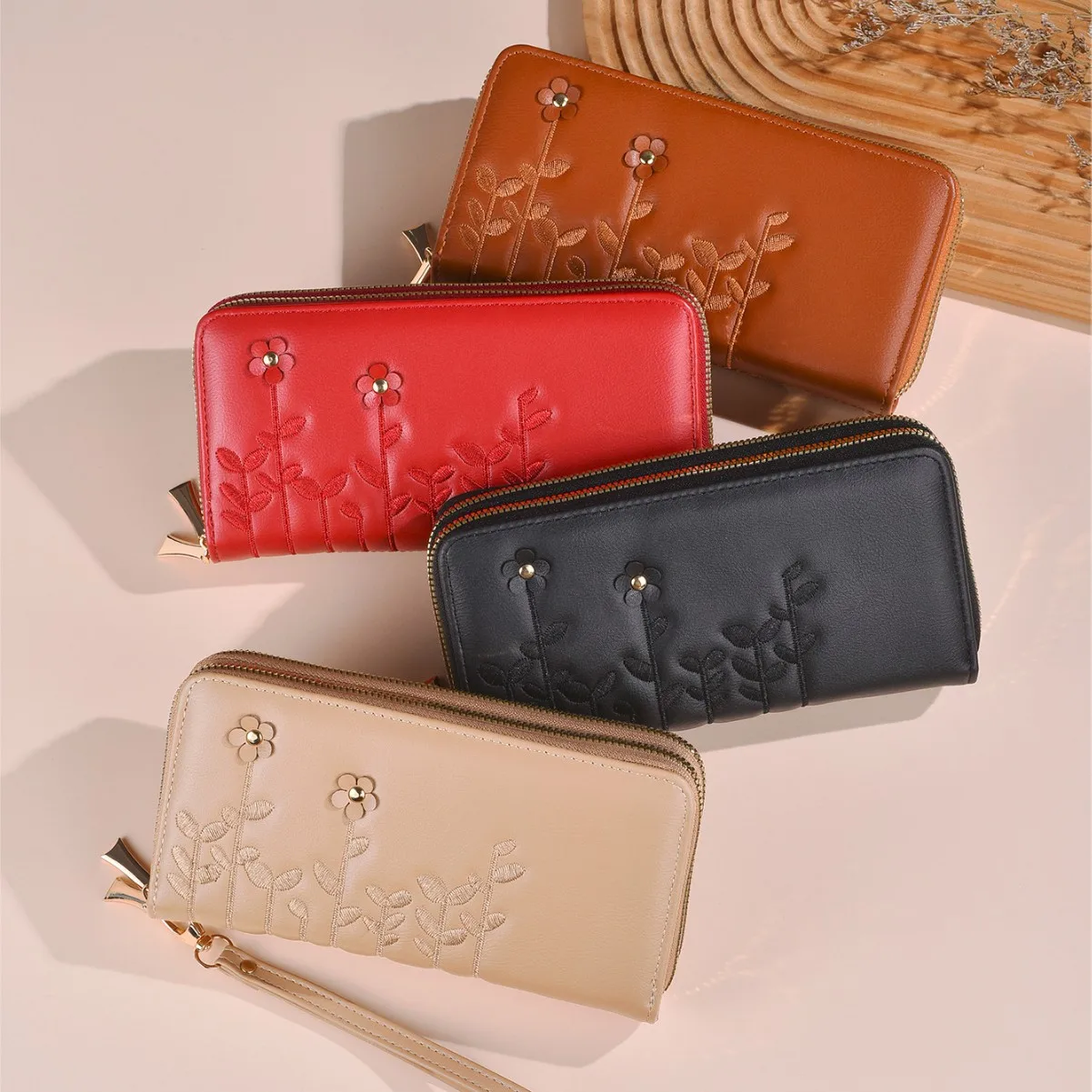 PU leather women's long double-zipper wallet with embroidered flowers, large capacity and multiple compartments, women's clutch