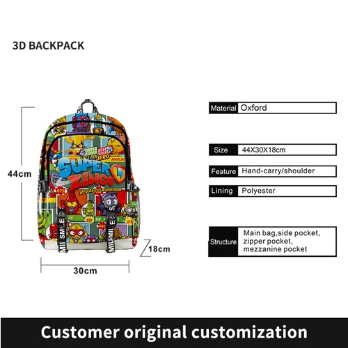 Imagen 2 del producto Novedad de lujo Cool Superzings, mochilas escolares con estampado 3D para estudiantes, mochilas de viaje multifunción Oxford impermeables para Notebook
