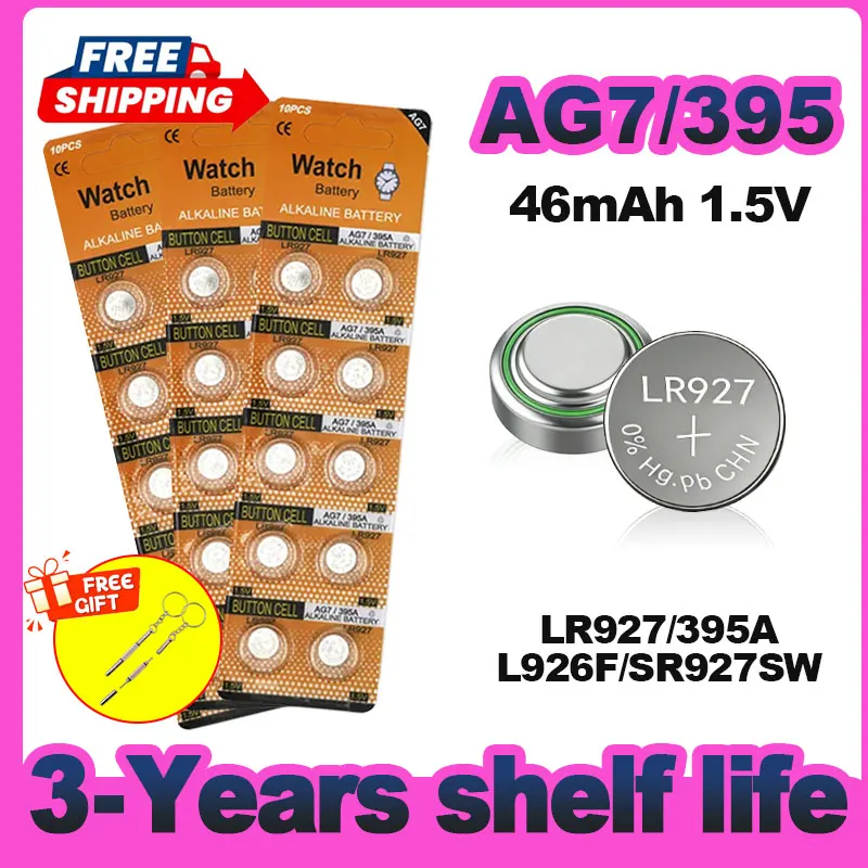 2-50PCS 1.55V 45mAh AG7 Button Battery LR927 LR57 SR927W 399 395A Alkaline Coin Cell For Watch Toys Remote