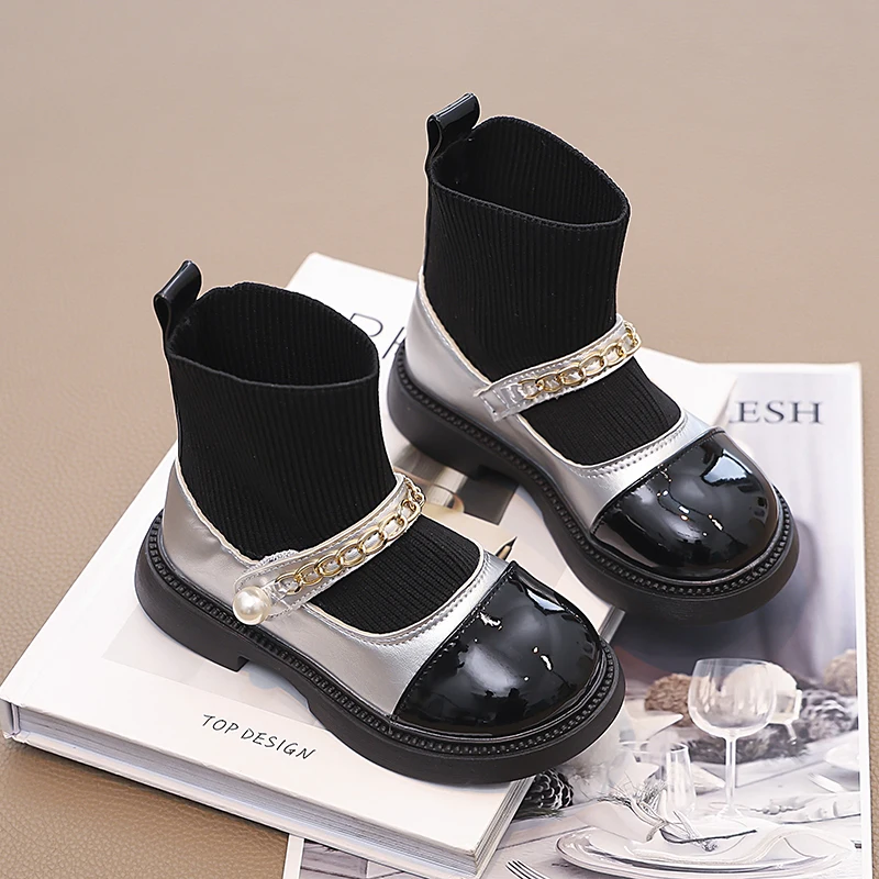 Girls Fashion Boots 2025 Autumn Winter Kids Socks Boots Children Sock Shoes Classic Metal Chains Patchwork Princess Sweet Soft
