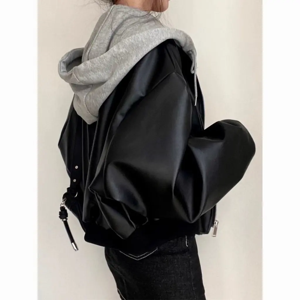 Stylish Short Biker Jacket Women's Hooded Leather Coat Spring Autumn New Korean Loose Versatile Fashionable Outerwear