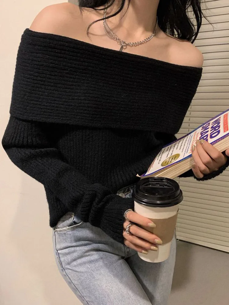 Zoki Off Shoulder Women Sexy Sweaters Casual Long Sleeve Slim Slash Neck Knitted Pullovers Korean Chic High Quality Soft Jumpers