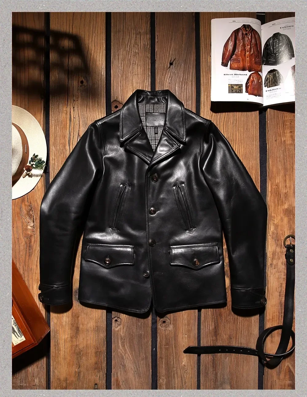 LNY Shop Top.Classic switchyard coat.100% natural Italian tanned cowhide jacket.Mens real leather Trench cloth.Vintage casual