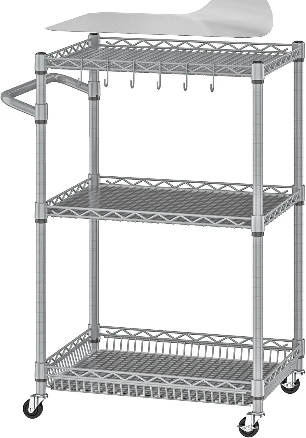 

3-Tier Metal Rolling Cart with Wheels and Handle, Heavy Duty Utility Trolley for Kitchen Storage in Gray