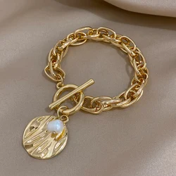 Greatera Chunky Gold Color Metal Thick Chain Bracelets for Women Textured Irregular Round Pearl Charm Bracelet Party Jewelry