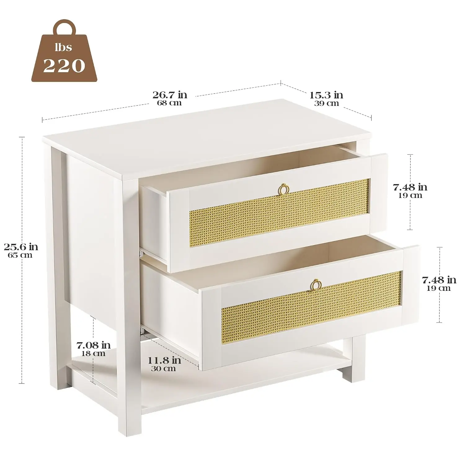 White Nightstand Set of 2 with Rattan Drawers & Open Shelf, Bed Side End Table for Bedroom & Living Room, Customized