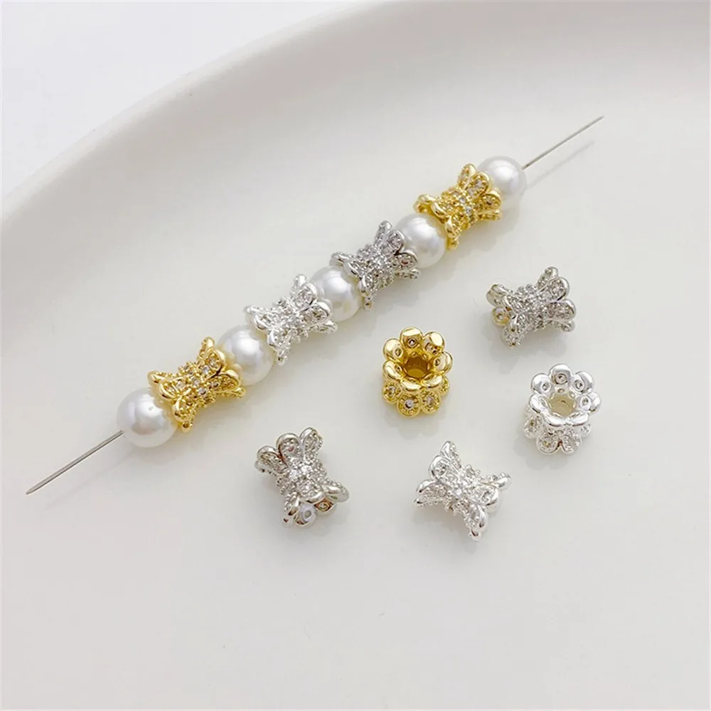 

14K Gold Micro-inlaid Zircon Double-sided Horn Flower Tray Bead Spacer Loose Beads Handmade DIY Bracelet Jewelry Accessories