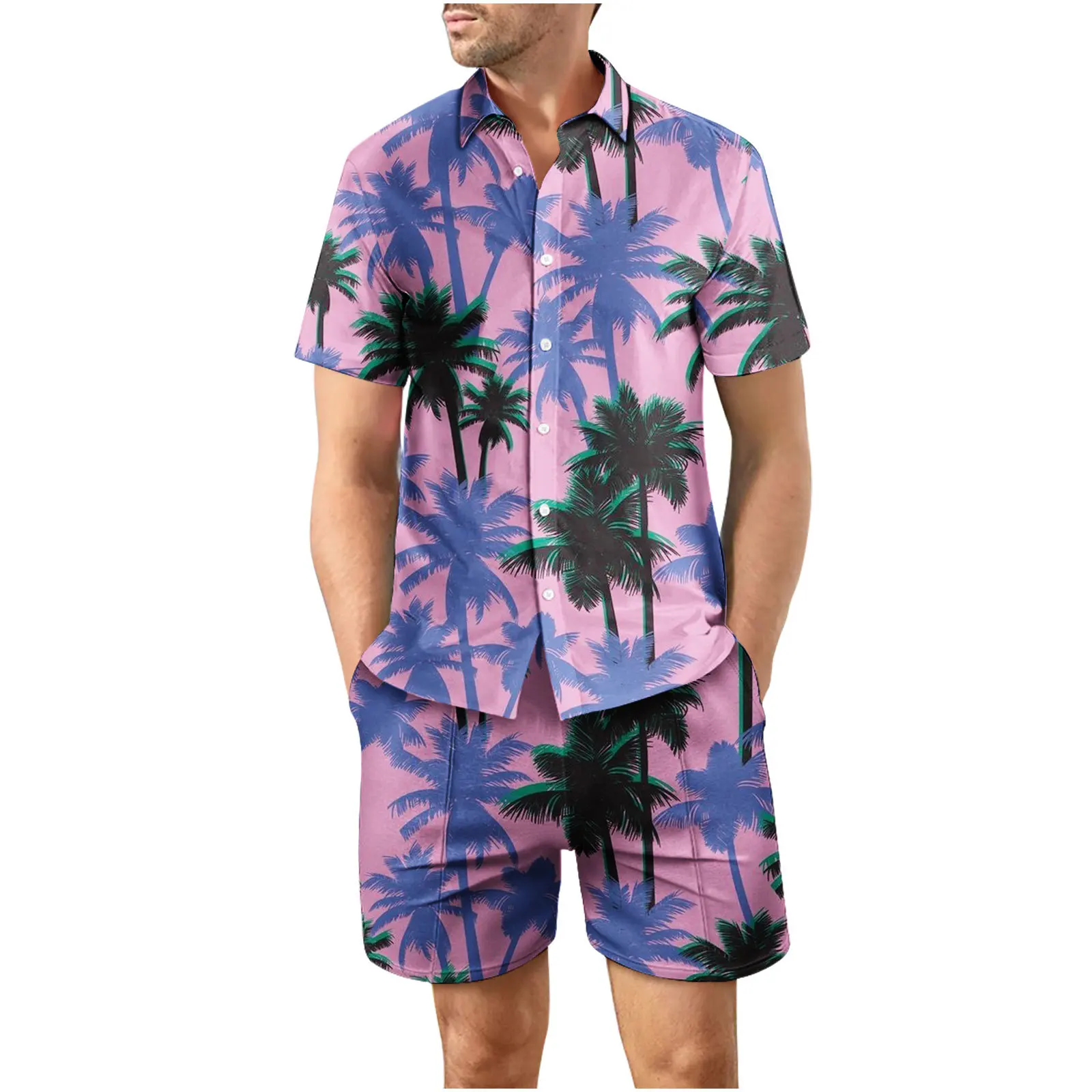 3D coconut tree print summer beach shirt men\'s set Hawaii outdoor dress casual short sleeved shirt+shorts 2-piece set