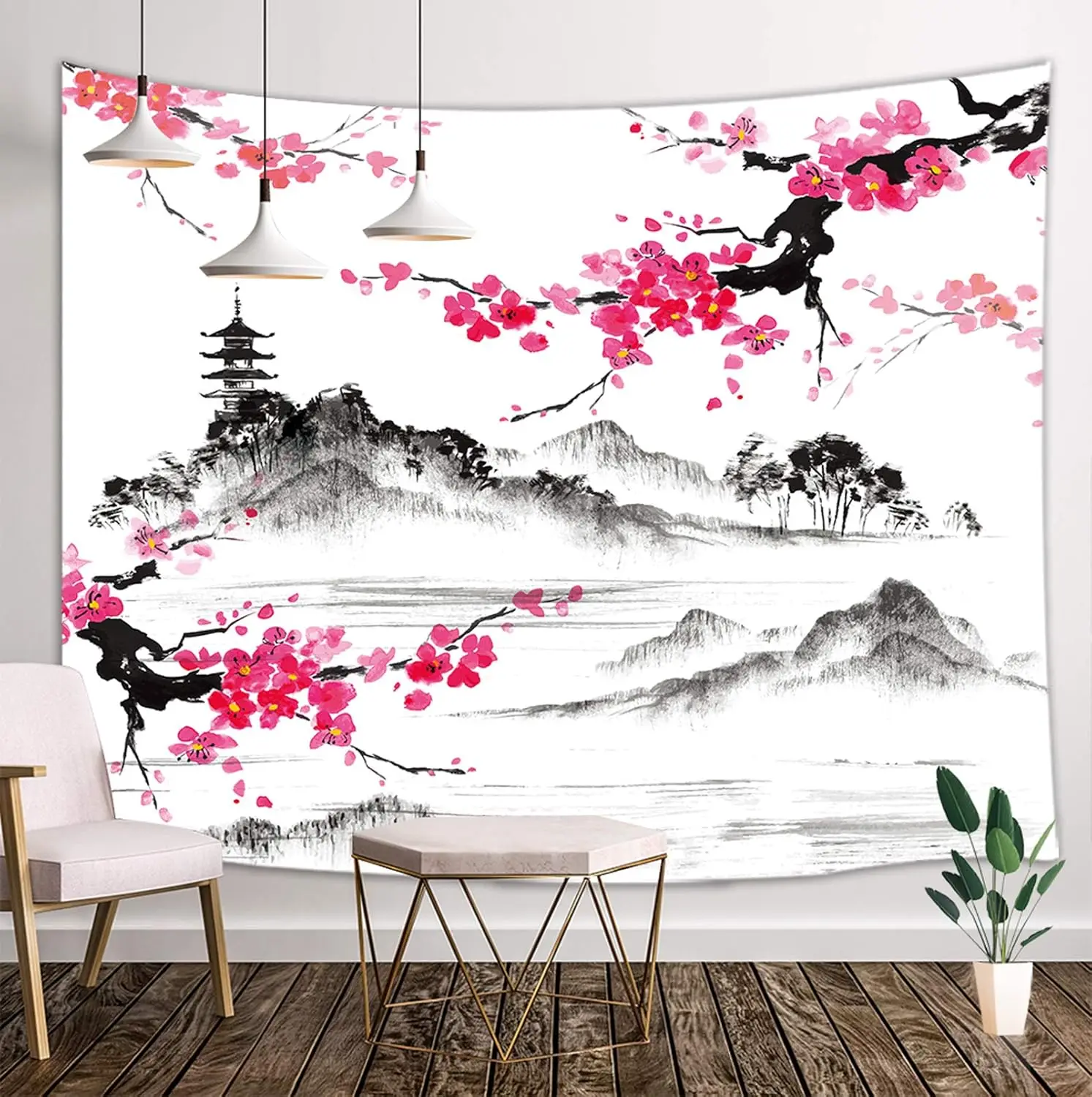 Luxury Chinese Sakura Cherry Blossom Landscape Tapestry Oriental Pagoda Mountain Wall Decor Asian Art Print for Bedroom Home