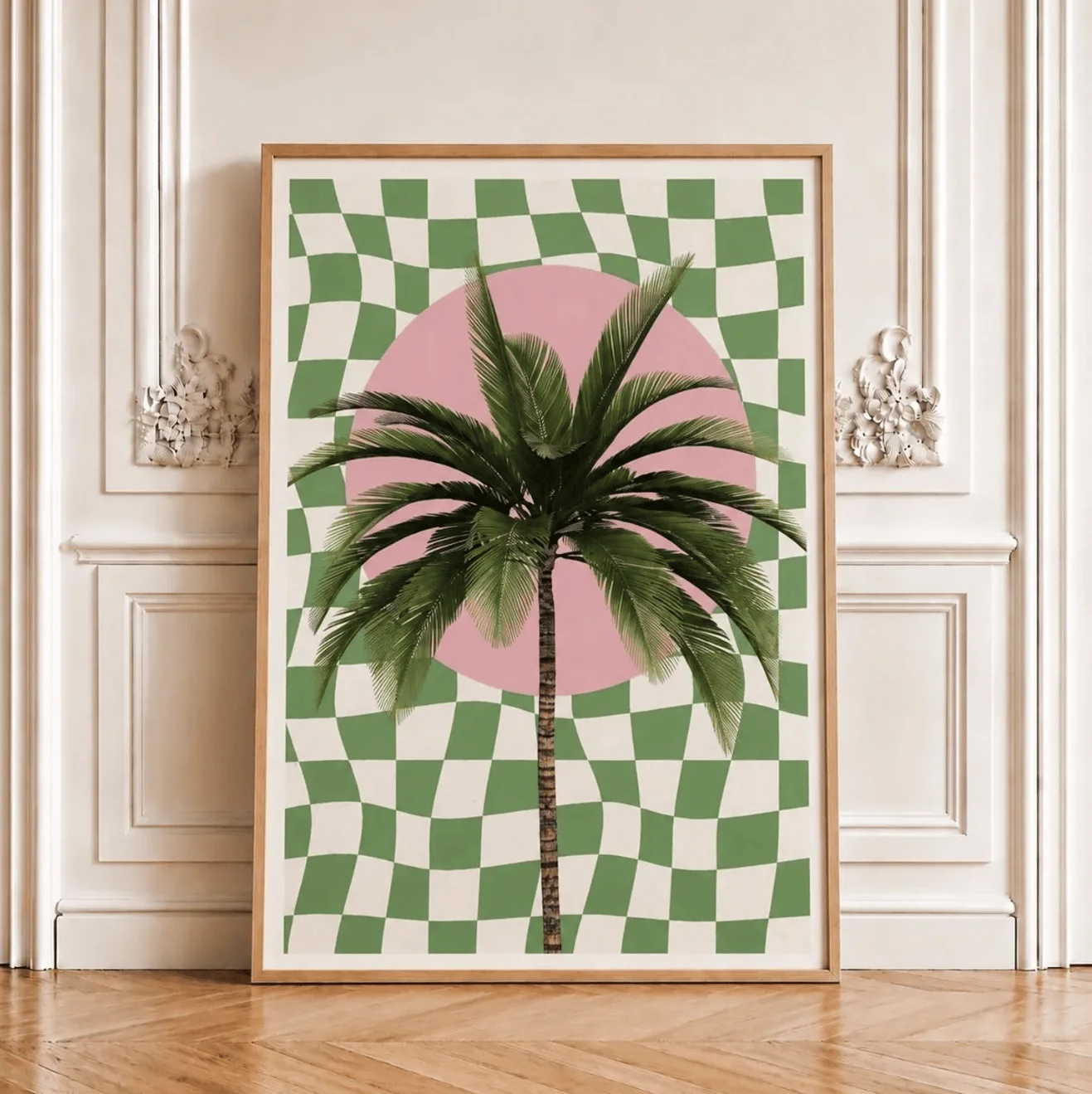 Green Checker Palm Tree Wall Art Canvas Prints, Boho Tropical Posters, Modern Decor for Living Room Bedroom Office Decor