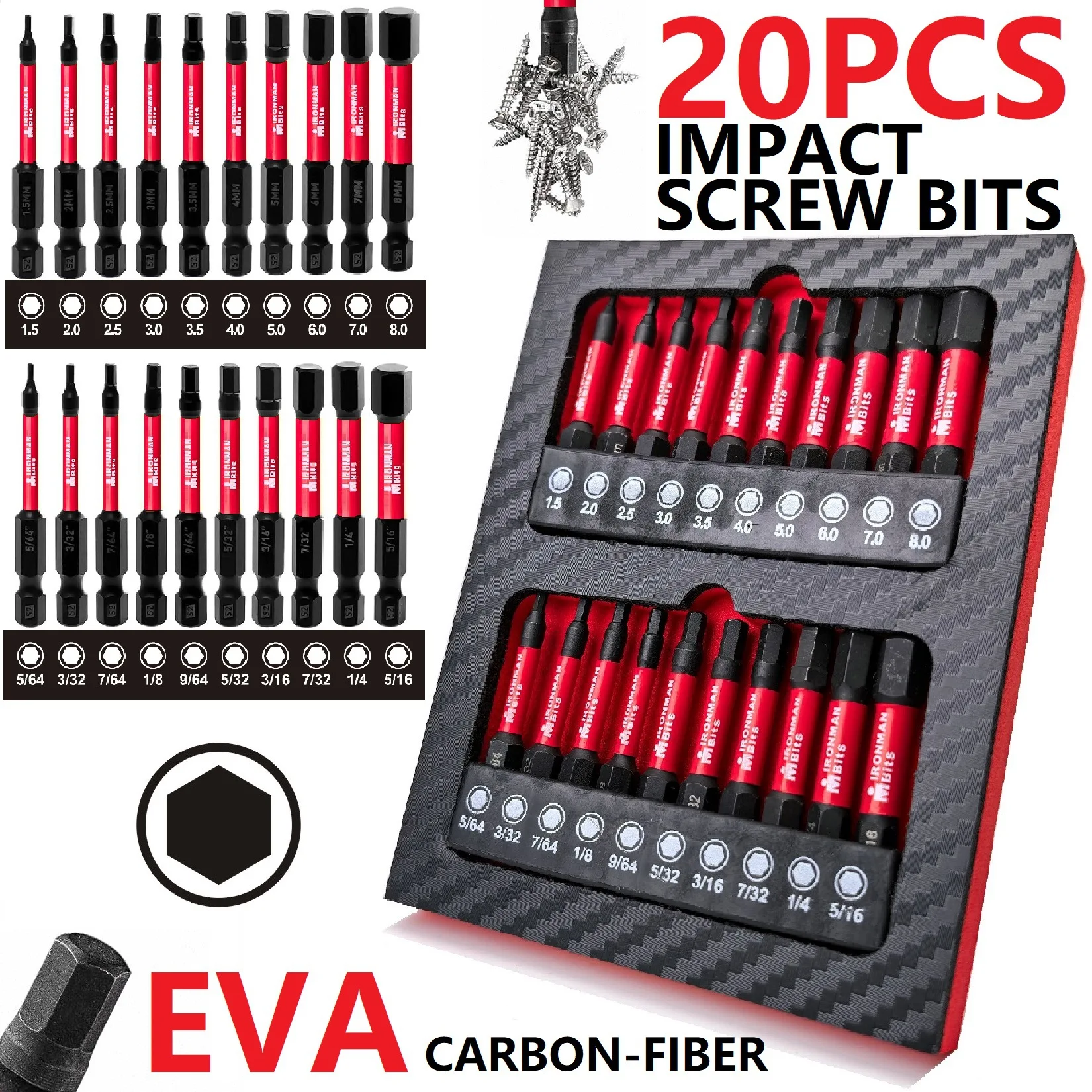 

Impact Resistant Hexagon Bit Set 20PCS Metric Imperial S2 Material 50mm Carbon Fiber Coated Bits