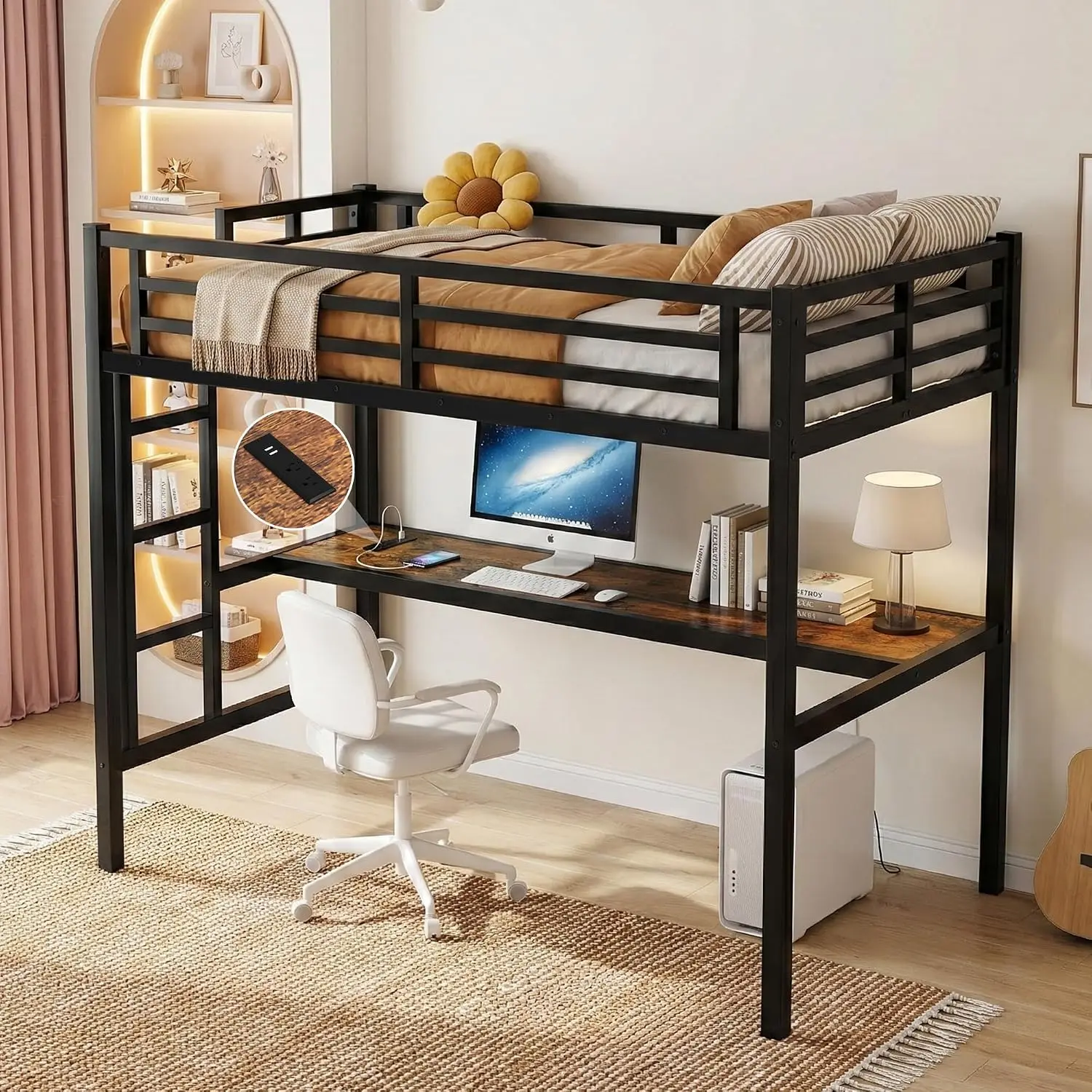 Twin XL Loft Bed with Desk, Sturdy & Noise-Free, Black, Customized