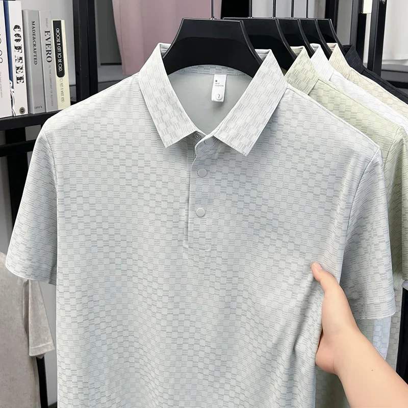 Male micro check jacquard polo shirt full body hollow grain quick dry lightweight multi scene family gathering wear