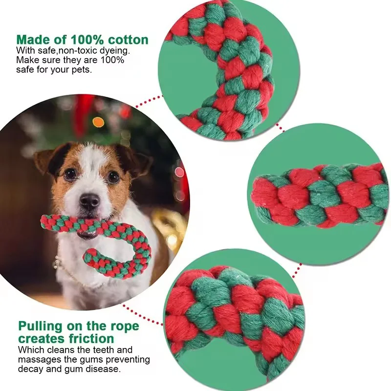 Interactive Christmas Dog Toy Cotton Rope Chew Toy Bone Shape Christmas Tree Candy Vine For Puppies Teeth Cleaning Pet Supplies