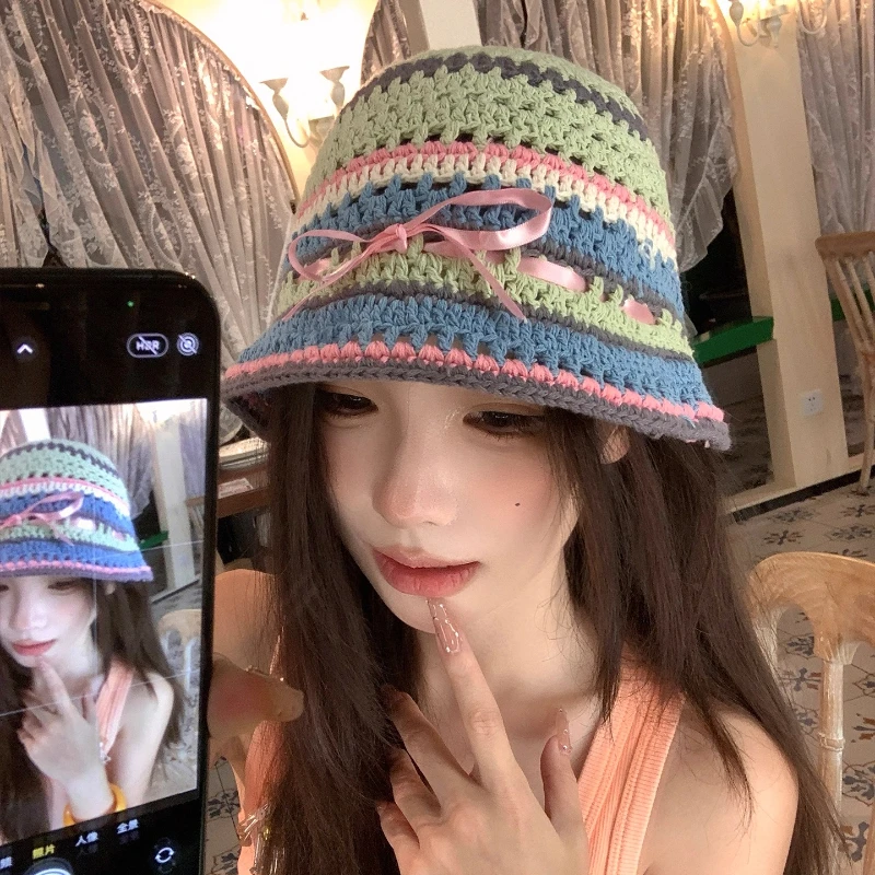 

Японские вязаные панамы в контрастную полоску с бантом и допамином, женские летние осенние полые дышащие универсальные кепки Y2K