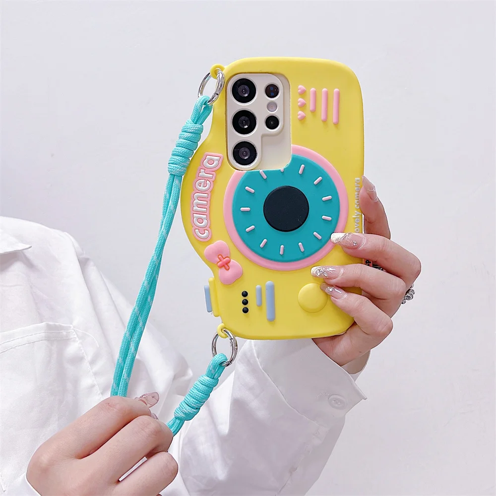 Y2K Cute Retro Yellow Camera Phone Case for S26 Ultra Hand Strap Cartoon Soft Silicone Cover for Samsung Galaxy S25 S24 S23 A57