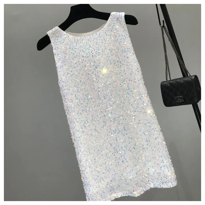 Vestido de cena de princesa elegante por encima de la rodilla para mujer, vestido sin mangas de moda brillante, colección de verano