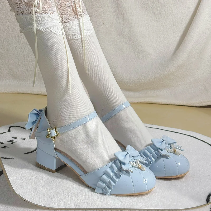 Round Head Middle Heel Lo Shoes Fairy Lace Pearl Retro Sweet Versatile Bow Sandals Lolita Sweet Girl Tea Party Single Shoes