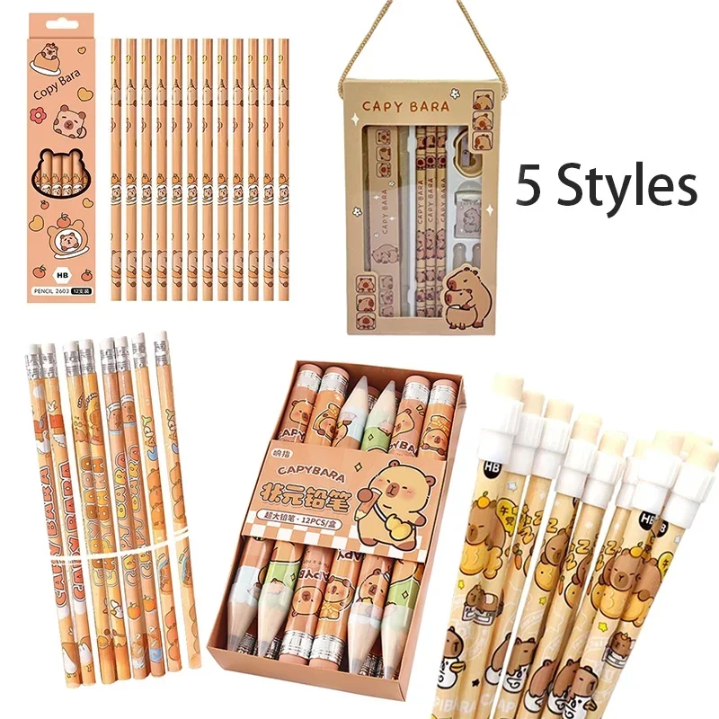 1Set Capybara Cartoon Pencil With Eraser HB Sketch Items Drawing Stationery Student School Office Supplies children's day gift