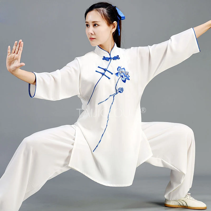 Women's Summer Tai Chi attire, Mid-length Sleeves, White Tencel and Linen Blend, Stylish and Elegant, with a Chinese Fla