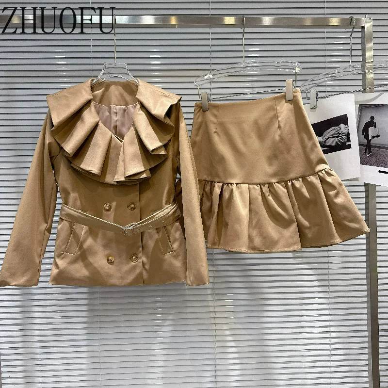 Women's Short Skirt Sets Retro Design 2026 New Khaki Lotus Leaf Collar with Belt Short Jacket A-line Skirt Two-piece Set Ladies