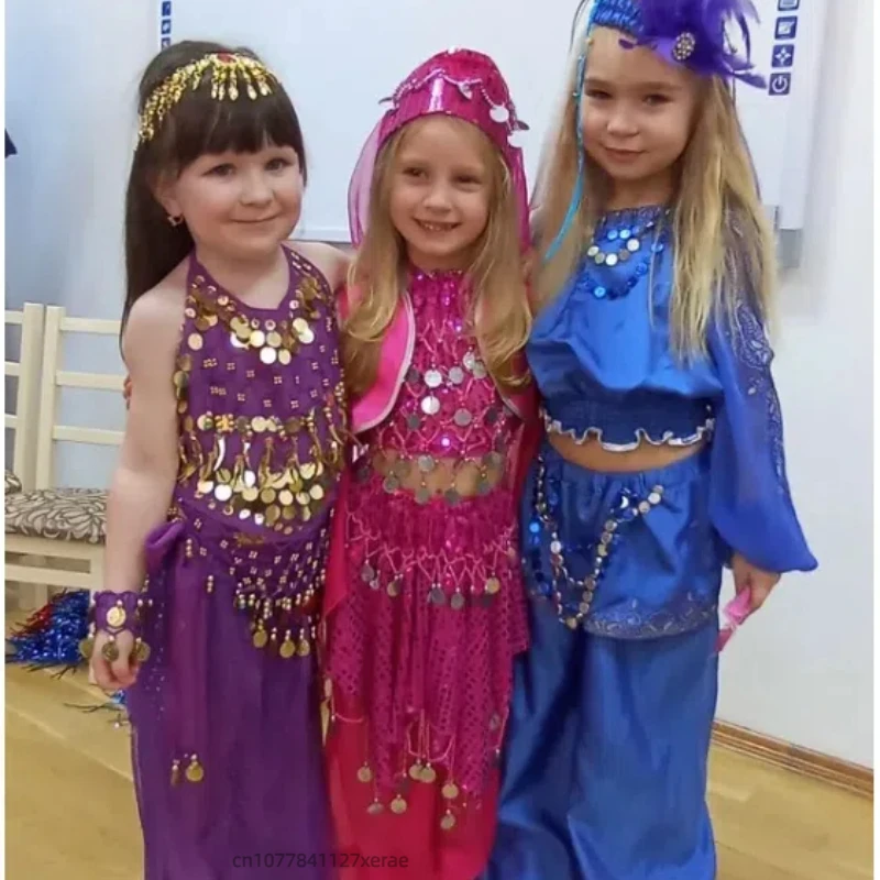 زي أداء الرقص الهندي للفتيات مع بلوزة مطرزة وسراويل فانوس مجموعة أزياء أداء الرقص العرقي