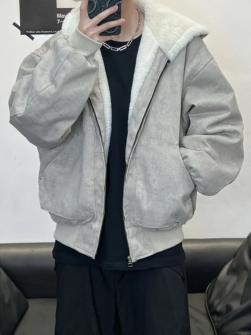 

Мужская зимняя утепленная куртка с капюшоном на флисовой подкладке, теплая, из овчины, повседневная, однотонная, в стиле Cleanfit, короткий рукав