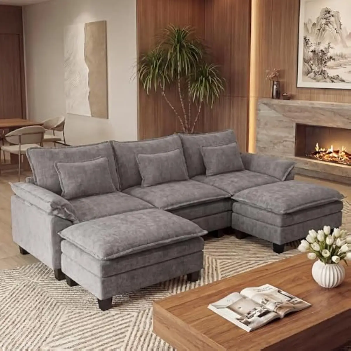 Extra-large U-shaped modular sofa in soft grey fabric with deep seating and removable cushions for easy cleaning — adaptable lay