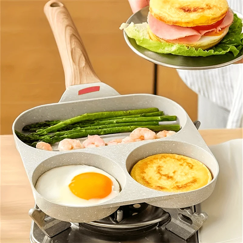 

Maifanshi Non-Stick Aluminum Frying Pan - 4-Compartment, Multi-Use for Breakfast, Easy Clean, Ergonomic Wooden Handle, 1pc