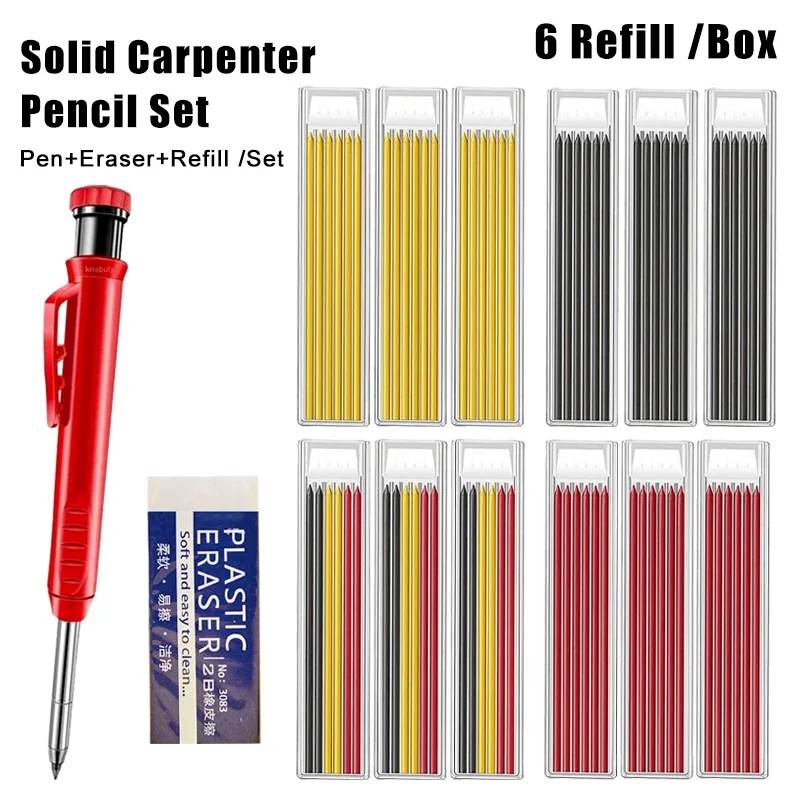 Solid Carpenter Pencil Set With Built-in Sharpener Marking Tool Woodworking Deep Hole Mechanical Pencils 6/12/18 Refill Leads