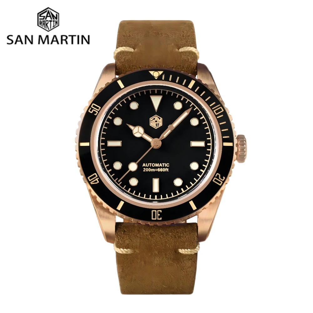 

San Martin Retro CUSN8 Bronze Watch Waterproof Water Ghost 6200 Mens Watches Automatic Mechanical Luxury Suede Strap SN0004BQ