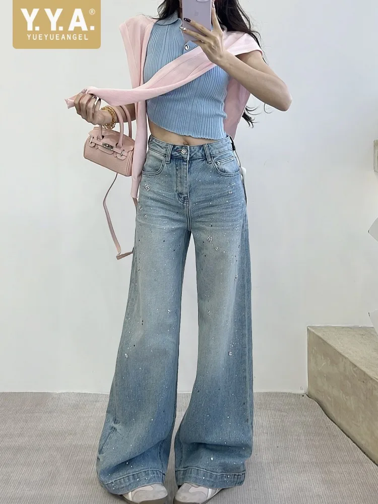 

New Fashion Spring Women Office Diamonds Wide Leg Straight Pants Loose Fit High Waist Jeans Streetwear Daily Casual Denim Pants