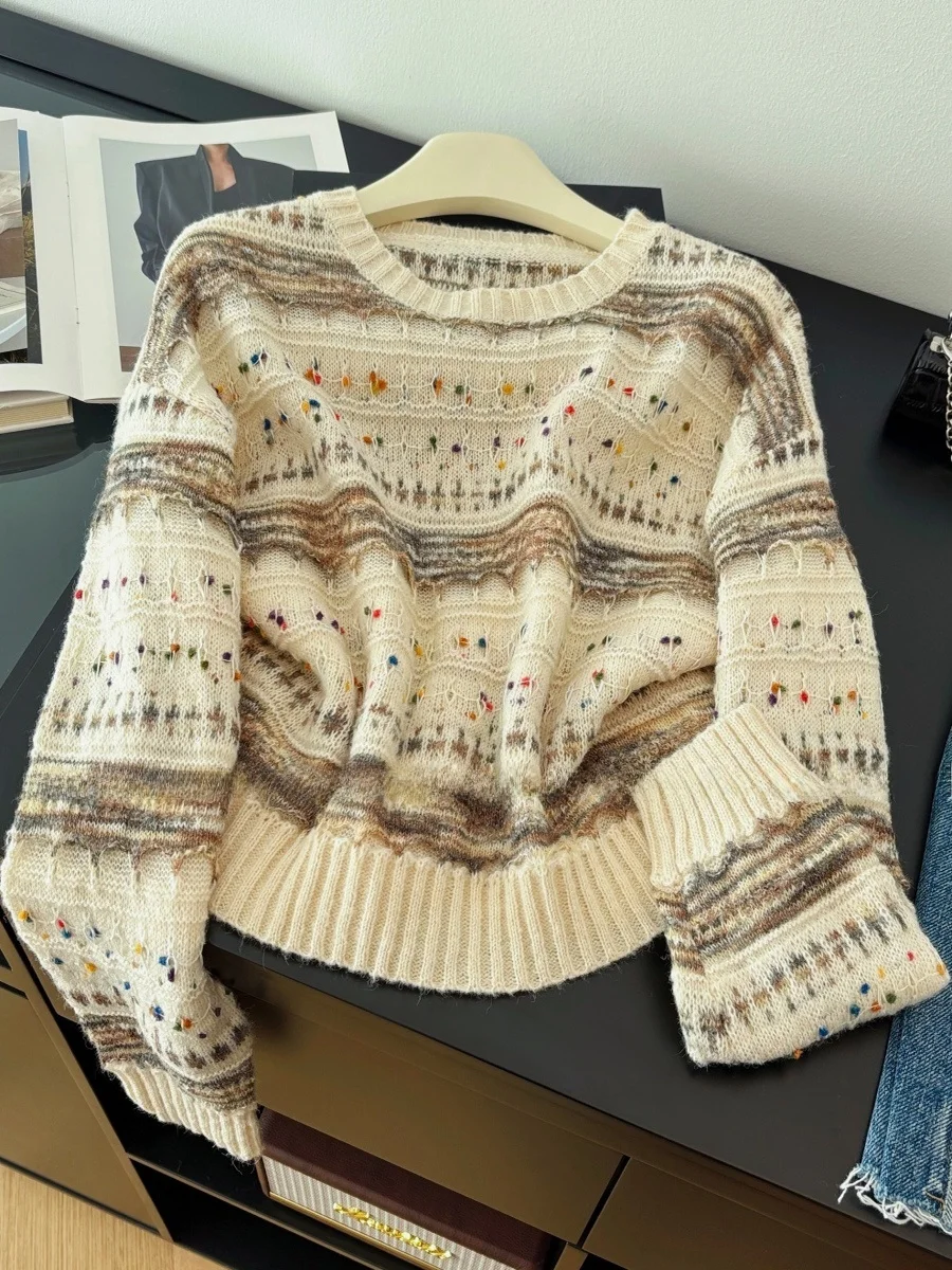 

Slimming Effectiven Loose Knitted Sweater round Ne Long Sve Yarn Hong Kong Sle Vintage Autumn Winter New A...