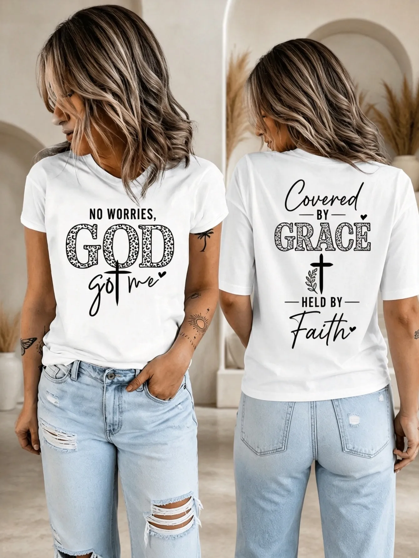 Women Christian Faith Tee No Worries God Got Me Print Double Sided T Shirt Covered By Grace Religious Short Sleeve Summer Top