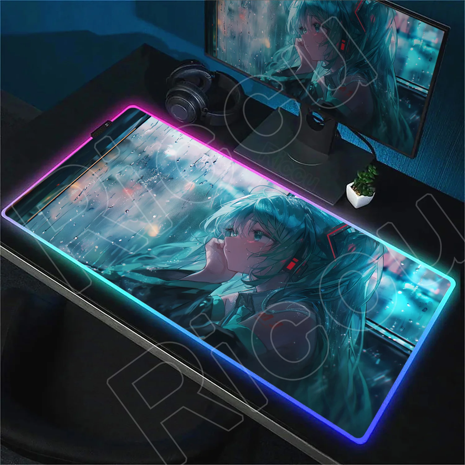 Anime Girl Miku RGB HD Mousepad LED-Licht Bunte Tastaturmatte Großer Computer H-Hatsunes Teppich mit hintergrundbeleuchtetem Gaming-Zubehör