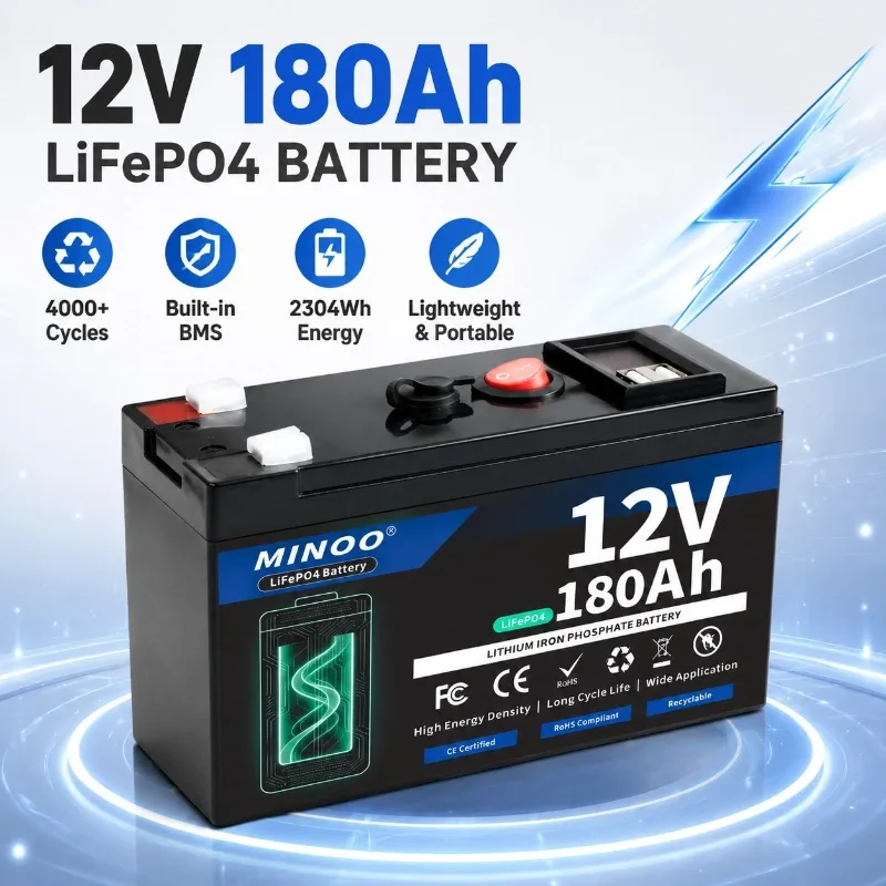 12V 180Ah LiFePO4 Solar Battery Deep Cycle Rechargeable Built-in BMS Lithium 180000mAh for Power Wheels Scooters Fish Finder