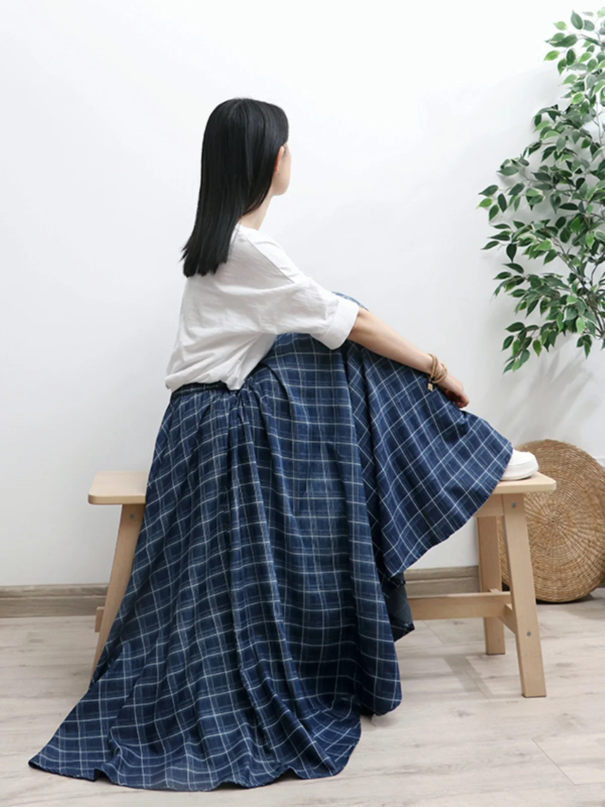 Free Shipping 2024 New Long Maxi Women Elastic High Waist Spring  Summer Denim  Plaid Lady  A-Line Patchwork Skirts