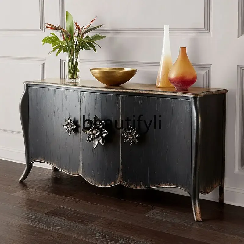 

A16 Retro solid wood rose inlaid handle side cabinet decorative cabinet foyer entrance cabinet