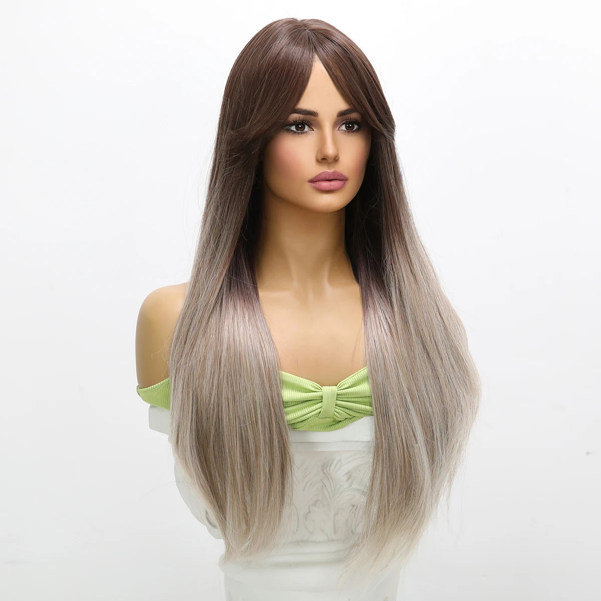 30 inch gray black gradient long straight hair with straight bangs for daily wear, synthetic fiber women's wig