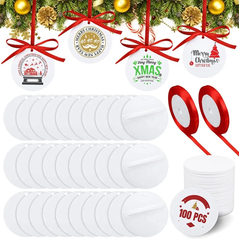 

100 Piece Christmas Acrylic Sublimation Ornament Blanks With Holes White Acrylic Round Ornament With Red Ribbon