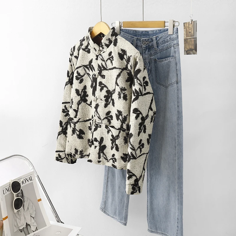 Nieuwe Chinese Sle Water-Mark Print Katoen Jaet vrouwen Herfst Winter Stand Kraag Knop ort Warme Bovenkleding high-End Top