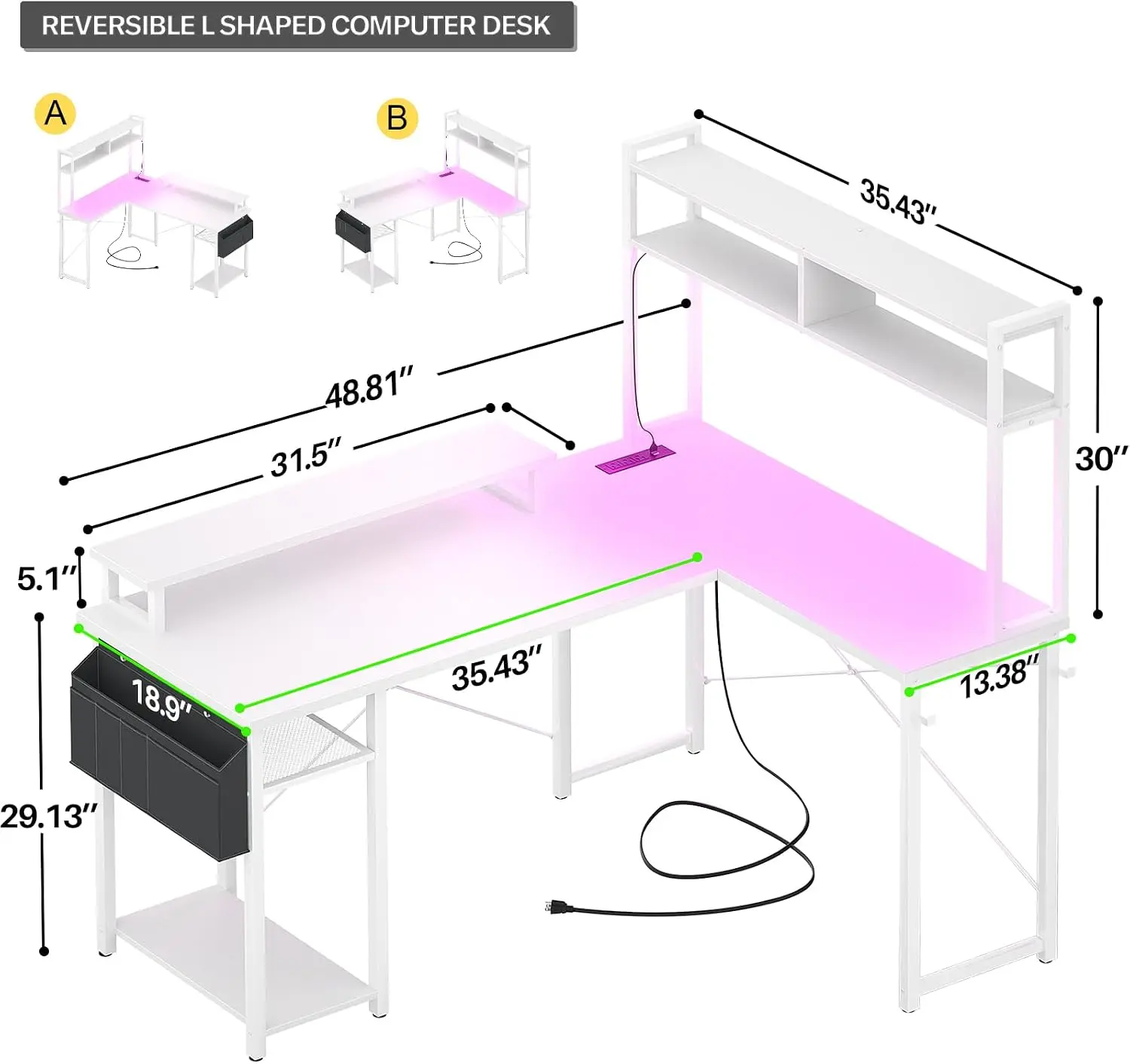 Small L Shaped Desk Gaming Desk with LED Lights & Power Outlets | Reversible L-Shaped Computer Desk with Monitor Stand & Shelf,