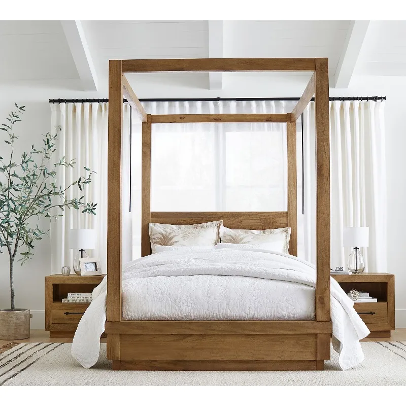 Luxury Designs Bedroom Furniture Canopy Oak Wooden Double Panel Queen King Size Beds Set