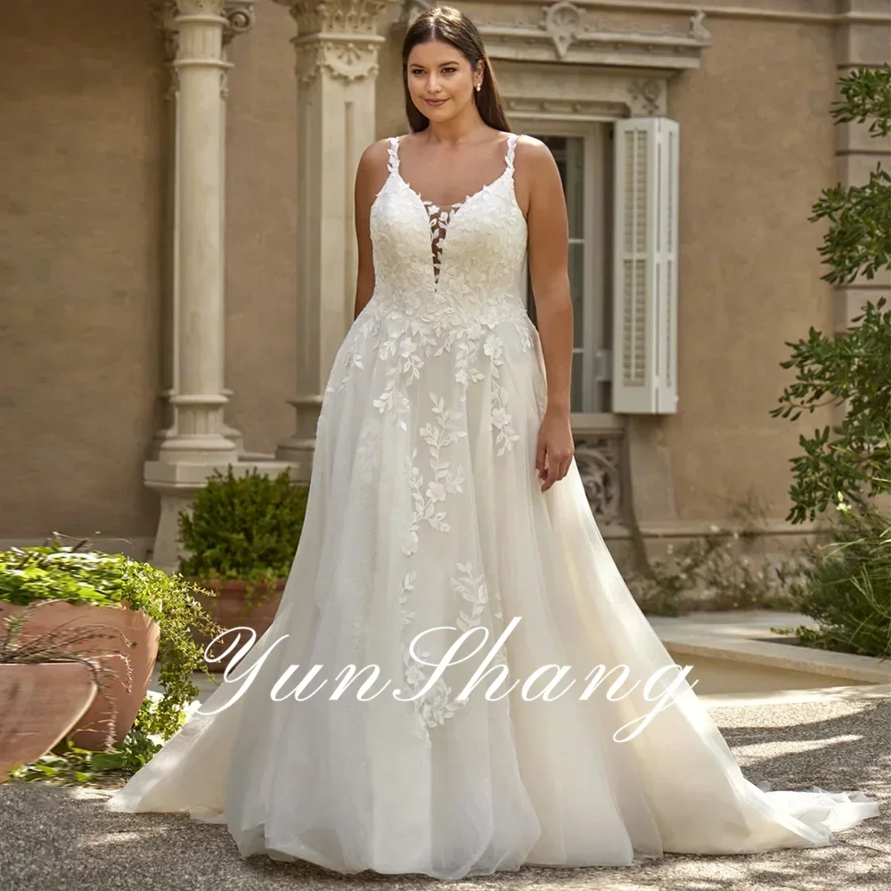 Spaghetti Strap V Neck Illusion Lace Wedding Dress Floral Applique Bodice Flowing Tulle A Line Ball Gown Skirt with Chapel Train