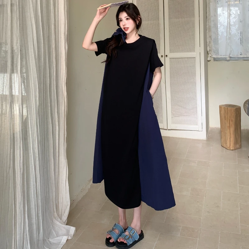 

Loose Women's Dresses Plus Size for 2025 Summer Fake Two Piece Patchwork Casual Black Lady Vestidos Short Sleeve Robe KE60131